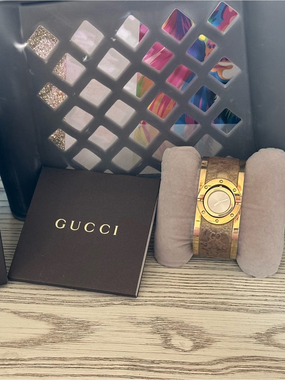 Gucci Gold Cuff Watch with Monogram Band